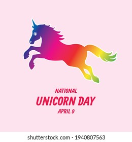 National Unicorn Day vector. Mythical rainbow horse silhouette icon vector. Multicolored unicorn running icon vector. Unicorn Day Poster, April 9. Important day