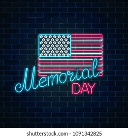 National united states holiday greeting card in neon style. Happy memorial day glowing neon sign with usa flag and text on dark brick wall background. Vector illustration.