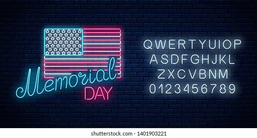National united states holiday greeting card in neon style with alphabet. Happy memorial day glowing neon sign with usa flag and text on dark brick wall background. Vector illustration.