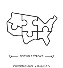 National unity linear icon. Abstract map of the United States. Regional interdependence. Puzzle pieces. Thin line illustration. Contour symbol. Vector outline drawing. Editable stroke