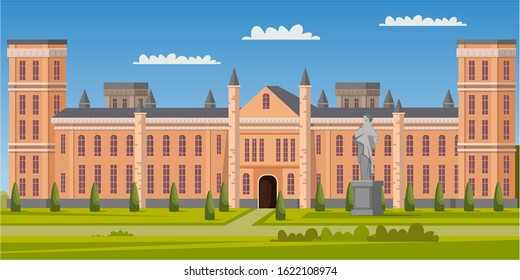 National University Facade And Green Campus Park Scene. Academy Or College Building Exterior. Empty Front Yard With Grass And Trees. Lawn For Students Rest During Break. Vector Cartoon Illustration