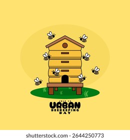 National Urban Beekeeping Day to celebrate on July 19th. A honey farmer's house with honey bees flying around on bright yellow background. Animal event banner.