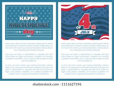 National US holiday posters 4th July happy Independence day on background of American flag, stars and stripes, greeting card design, vector text sample