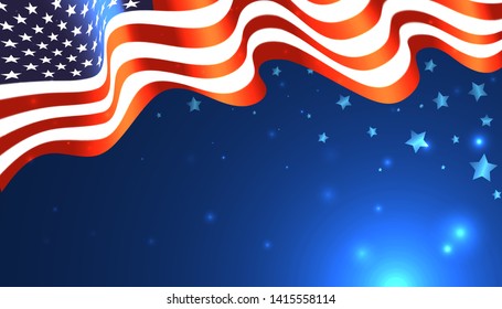 National USA flag on background the shining sky with stars. USA national holiday. Vector background for American Independence day, veterans or memorial day. Template design element