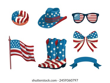 National USA symbols set for Independence day on white background. Isolated on white background. Patriotic accessory collection