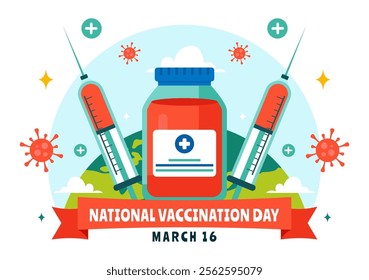 National Vaccination Day Illustration Celebrated on March 16, Featuring a Vaccine Syringe to Promote Strong Immunity and Health Care in a Background