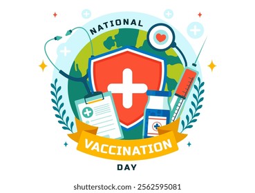 National Vaccination Day Illustration Celebrated on March 16, Featuring a Vaccine Syringe to Promote Strong Immunity and Health Care in a Background