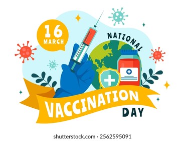 National Vaccination Day Illustration Celebrated on March 16, Featuring a Vaccine Syringe to Promote Strong Immunity and Health Care in a Background