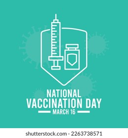 National Vaccination Day. March 16. Syringe and vaccine bottle line icon with protective shield. Viruses silhouette. Poster, banner, card, background. Eps 10.