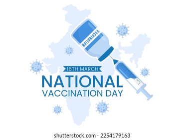 National Vaccination Day on March 16 Illustration with Vaccine Syringe for Strong Immunity in Flat Cartoon Hand Drawn to Landing Page Template