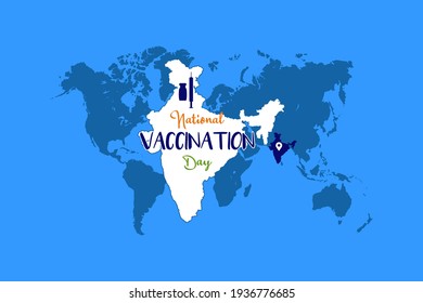 National vaccination day typography and Indian vector map on world map. Vector for poster, banner, t-shirt, and background. Importance for Covid-19 awareness. Vaccine and syringe clip