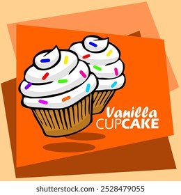 El Día Nacional del Cupcake de Vainilla se celebra el 10 de noviembre. Dos cupcakes de vainilla con chispas de chocolate de colores sobre un fondo naranja. Anuncio de eventos gastronómicos.