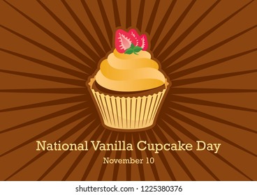 National Vanilla Cupcake Day vector. Cupcake isolated on a brown background. Vanilla cupcake with strawberry vector illustration. Important day