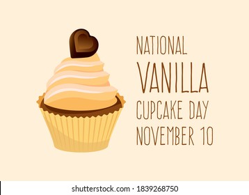 National Vanilla Cupcake Day vector. Vanilla cupcake with chocolate heart icon vector. Vanilla Cupcake Day Poster, November 10. Important day