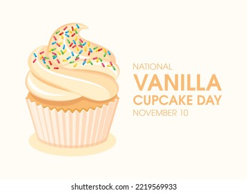 National Vanilla Cupcake Day Vektor. Cremes Vanillekuchen mit Sprinkle Zucker Symbol Vektorgrafik. 10. November jedes Jahres. Wichtiger Tag