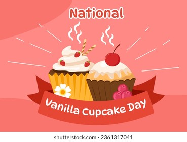 National Vanilla Cupcake Day Vector Illustration on 10 November of Cupcakes with Strawberry and Vanilla Cream in Flat Cartoon Pink Background Design