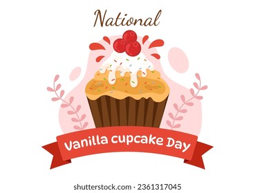 Ilustración vectorial del Día Nacional del Pastel de Vainilla el 10 de noviembre de Pasteles con fresa y crema de vainilla en dibujos planos de fondo rosa