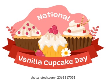 National Vanilla Cupcake Day Vector Illustration on 10 November of Cupcakes with Strawberry and Vanilla Cream in Flat Cartoon Pink Background Design