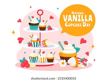 National Vanilla Cupcake Day Vector Illustration on November 10 featuring Cupcakes Topped with Sprinkle, Strawberry and Vanilla Cream in a Background