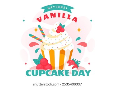 National Vanilla Cupcake Day Vector Illustration on November 10 featuring Cupcakes Topped with Sprinkle, Strawberry and Vanilla Cream in a Background