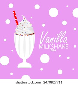 National Vanilla Milkshake Day event banner. A glass of vanilla milkshake topped with vanilla ice cream and colorful chocolate chips on pink background to celebrate on June 20th