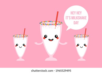 National Vanilla Milkshake Day greeting card, illustration with cute cartoon style milkshakes with straw characters and speech bubble. June 20.