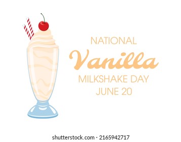 National Vanilla Milkshake Day vector. Glass of milkshake with cherry on top icon isolated on a white background. Delicious vanilla sundae vector. June 20. Important day