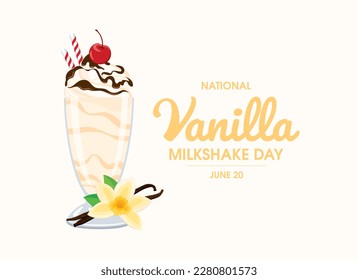 National Vanilla Milkshake Day vector illustration. Vanilla milkshake with whipped cream and chocolate topping icon. Glass of milkshake with cherry on top drawing. June 20 each year. Important day