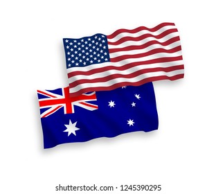 National vector fabric wave flags of Australia and America isolated on white background.