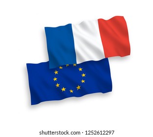 National vector fabric wave flags of France and European Union isolated on white background.
