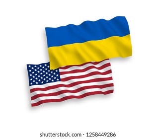 National vector fabric wave flags of Ukraine and USA isolated on white background.