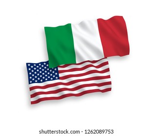 National vector fabric wave flags of Italy and America isolated on white background.