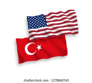 National vector fabric wave flags of Turkey and America isolated on white background.