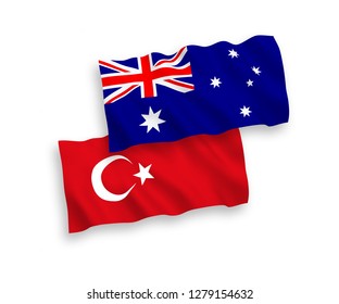 National vector fabric wave flags of Turkey and Australia isolated on white background.