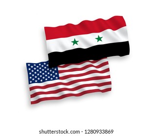 National vector fabric wave flags of Syria and America isolated on white background.