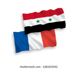 National vector fabric wave flags of France and Syria isolated on white background.