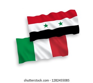National vector fabric wave flags of Italy and Syria isolated on white background.