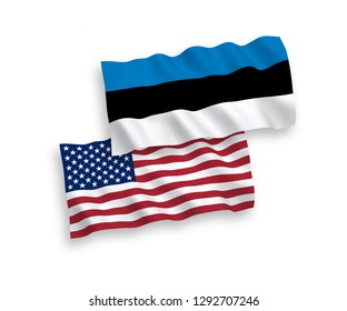National vector fabric wave flags of Estonia and America isolated on white background.
