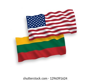 National vector fabric wave flags of Lithuania and America isolated on white background.