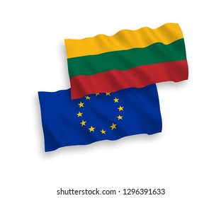 National vector fabric wave flags of Lithuania and European Union isolated on white background.