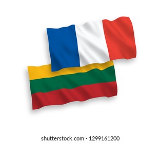 National vector fabric wave flags of France and Lithuania isolated on white background. 1 to 2 proportion.