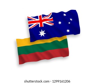 National vector fabric wave flags of Australia and Lithuania isolated on white background. 1 to 2 proportion.