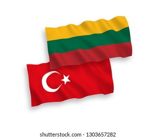 National vector fabric wave flags of Turkey and Lithuania isolated on white background. 1 to 2 proportion.