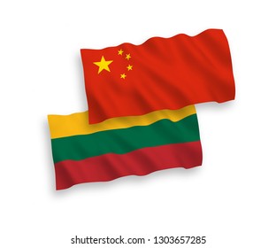 National vector fabric wave flags of Lithuania and China isolated on white background 1 to 2 proportion.