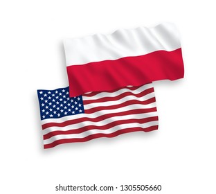 National vector fabric wave flags of Poland and America isolated on white background. 1 to 2 proportion.