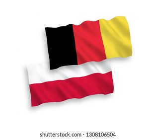National vector fabric wave flags of Poland and Belgium isolated on white background. 1 to 2 proportion.