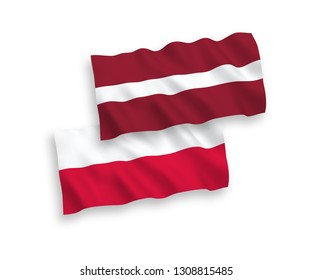 National vector fabric wave flags of Latvia and Poland isolated on white background. 1 to 2 proportion.