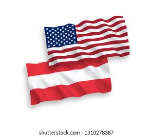 National vector fabric wave flags of Austria and America isolated on white background. 1 to 2 proportion.
