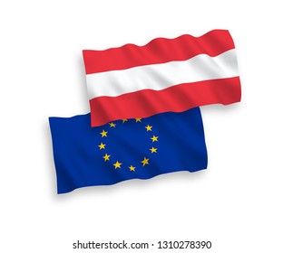 National vector fabric wave flags of Austria and European Union isolated on white background. 1 to 2 proportion.