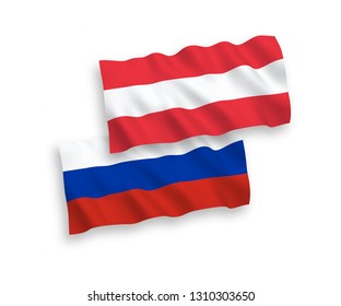 National vector fabric wave flags of Austria and Russia isolated on white background. 1 to 2 proportion.